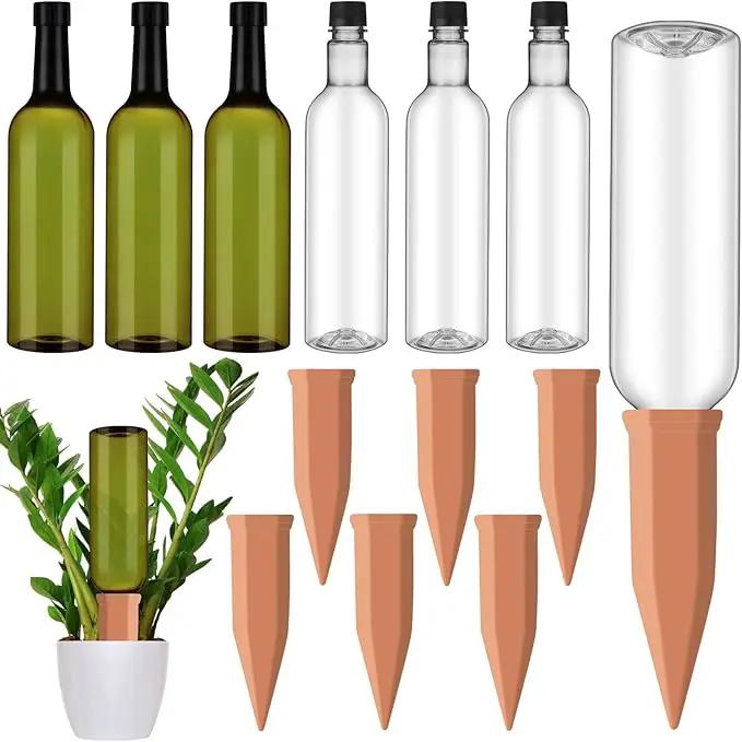 6 Sets Plant Watering Devices Include Terracotta Self Watering Spikes and 26 oz Plastic Bottles, Slow Release Vacation Insert Automatic Plant Waterer Device (Clear Green and Terracotta) by GreenHaven Gardens