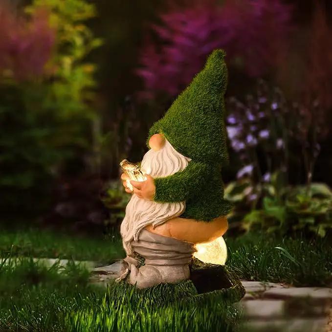 Garden Gnome Statues - Resin Gnome Figurine Sitting on Solar Crackle Glass Globe Lights, Funny Garden Gnome Ornament for Patio Yard Lawn Porch Outdoor Decor by GreenHaven Gardens