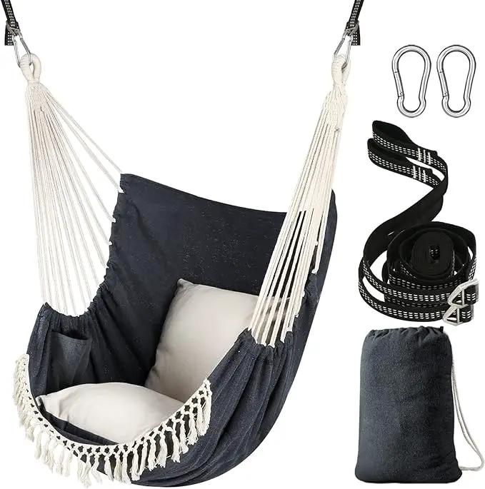 Chihee Hammock Chair Hanging Swing 2 Pillows Included,Strong Webbing Straps and Hooks for Easy Hanging Soft Cotton Hanging Chair Side Pocket Tassel Chair Comfort Indoor Outdoor Dark Grey by GreenHaven Gardens