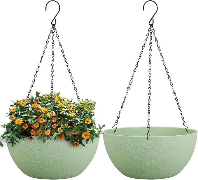 13 inch Large Hanging Planters Plant Pots for Outdoor Indoor Plants with Drainage Holes and Chain, 2 Pack Round Hanging Flower Pots for Garden Home Porch Decor, Green by GreenHaven Gardens