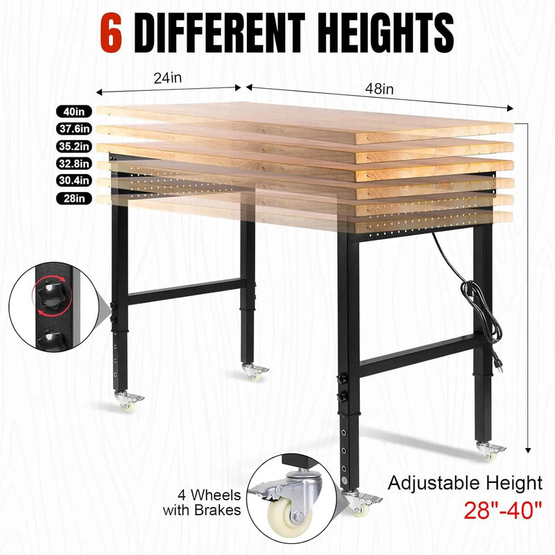 48" L×24”W Adjustable Workbench with Wheels, 28”-40”Height Heavy Duty Table 2000 LBS Load Capacity, Work Bench with Power Outlet & Pegboard, Rubber Wood Work Table for Garage, Office, Workshop by GreenHaven Gardens