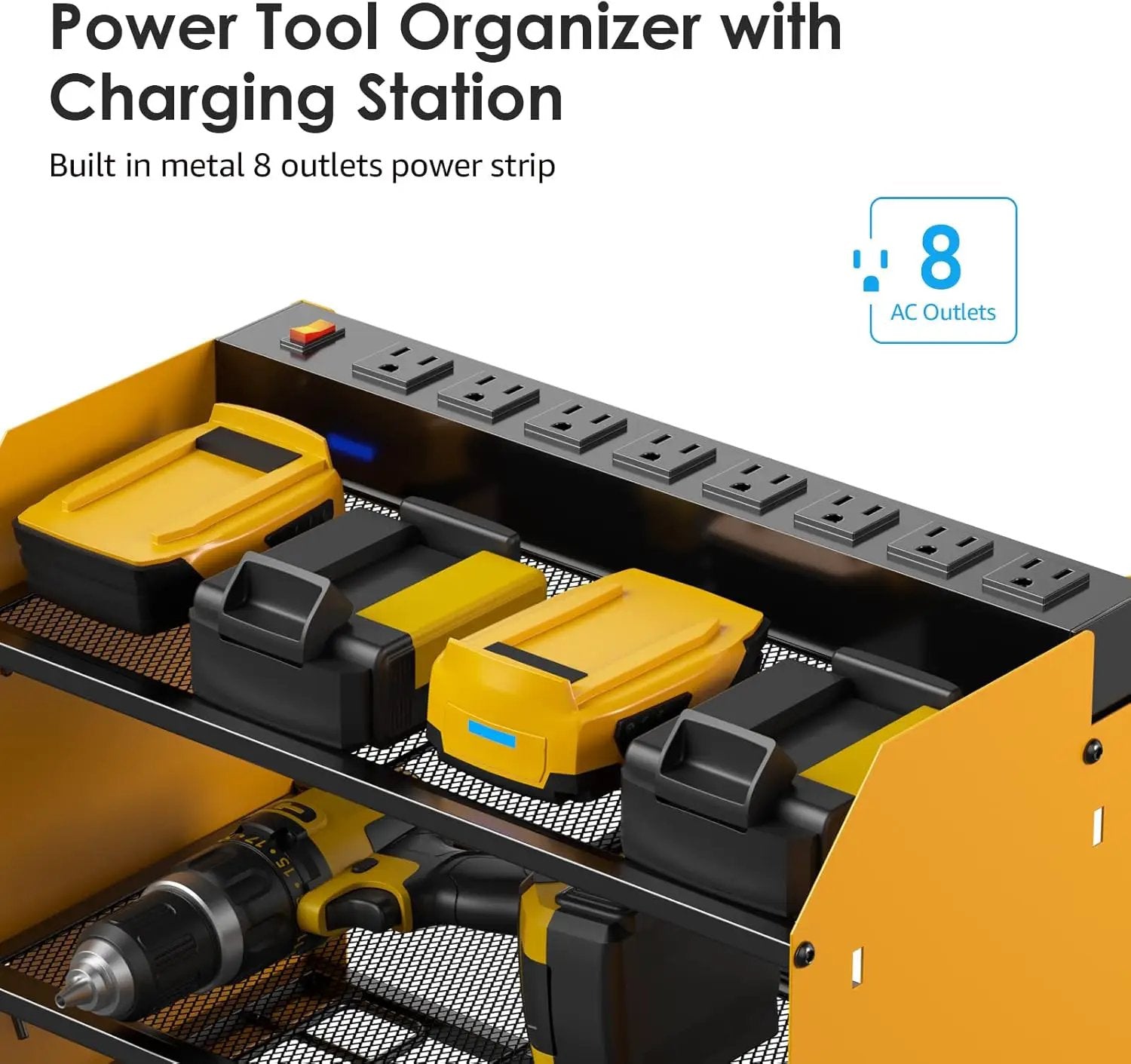 CCCEI Modular Power Tool Organizer Wall Mount Charging Station, Yellow 6 Drills Holder with 8 Plug Power Strip, Garage Drill Battery Heavy Duty Metal Shelf, Utility Rack with Hooks, Side Storage. by GreenHaven Gardens