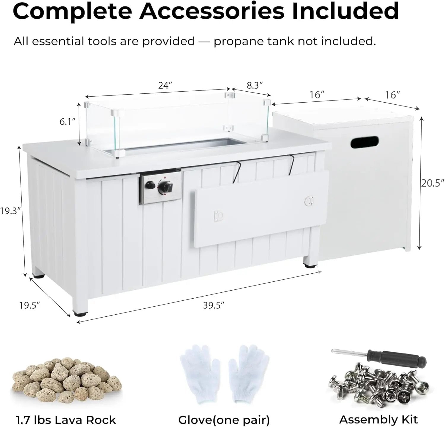 KOL 50,000 BTU Propane Fire Pit Table with Cabinet-39.5in White Gas Fireplace with Glass Wind Guard & Lid, Outdoor Rectangular Cold Rolled Plate Plastic Spraying Firepits for Patio, Backyard, Balcony by GreenHaven Gardens