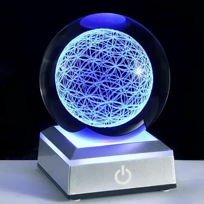 Qianwei Flower of Life Crystal Sphere with Led Colorful Lighting Touch Base, Sacred Geometry Crystal Ball Starlight Magic, Feng Shui Decor Laser Engraved Seek of Flower Inside A Sphere by GreenHaven Gardens