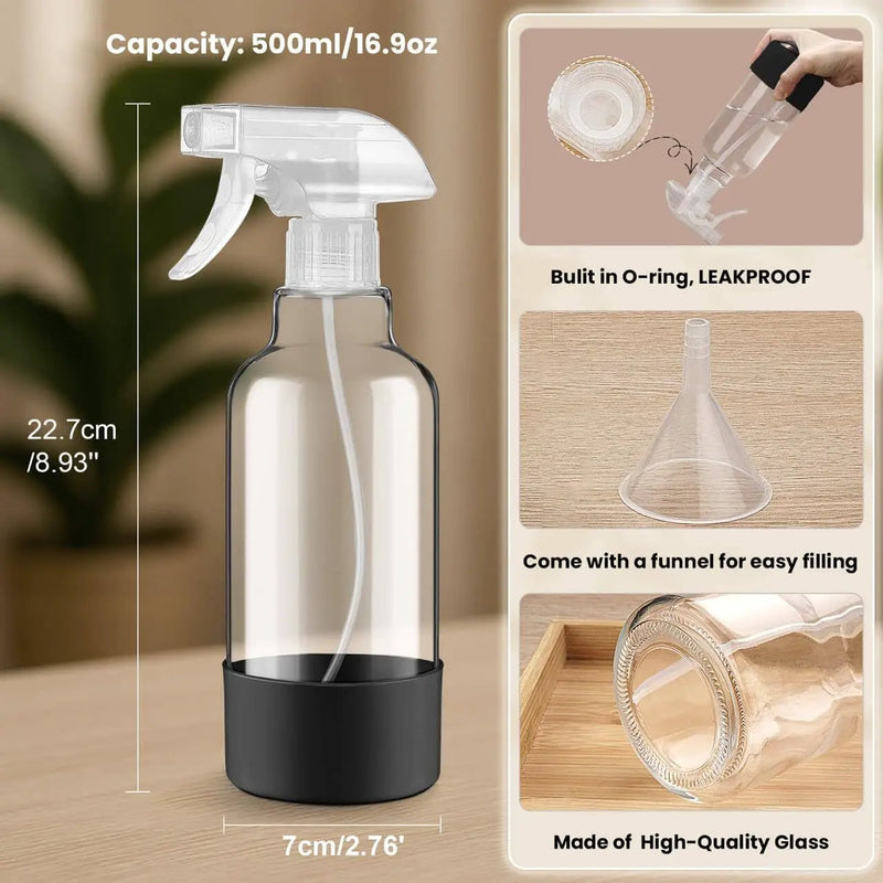 Glass Spray Bottles with Silicone Sleeve 16.9oz 2 Pack Empty Spray Bottle for Hair Mist/Stream Spraying for Cleaning Solutions, Plants, Essential Oils (clear-grey&black) by GreenHaven Gardens