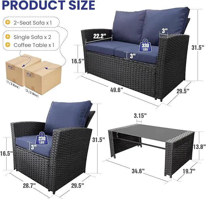 4 Piece Outdoor Patio Furniture Set,Wicker Conversation Sets Outdoor Sectional Patio Sofa Couch with Cushions & Coffee Table for Outside, Garden, Balcony, Porch,Black/Blue by GreenHaven Gardens