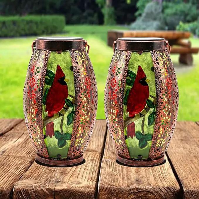 2PCS Cardinal Solar Lanterns Glass & Metal Hanging Light Outdoor Waterproof 16" H Tabletop Lamp with Hollowed-Out Design with Shepherd's Hooks for Garden Patio Table Decor, Green by GreenHaven Gardens