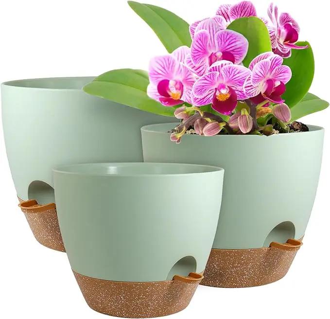 Big Self Watering Pots 12/10/9 inch, Planter, Plant Pots with Mesh Drainage Holes for Indoor Outdoor Garden Plants, Plastic Flower Pots with Removable Deep Reservoir, Green with Brown by GreenHaven Gardens