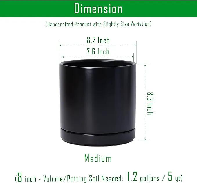 D'vine Dev 8 Inch Ceramic Planter Pot with Drainage Hole and Saucer, Indoor Cylinder Round Planter Pot, Black, 94-O-D-2 by GreenHaven Gardens