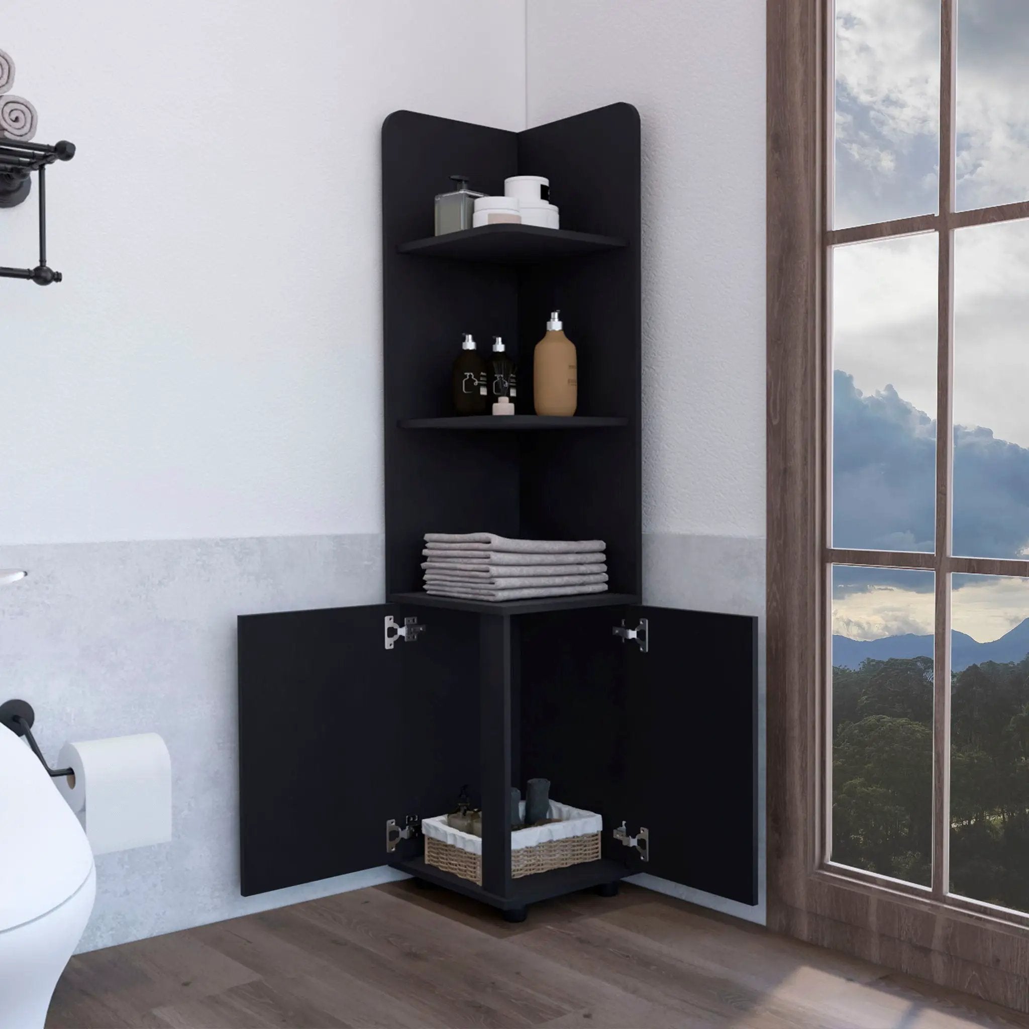 Corner Cabinet Tall With 3 Tier Shelf And 2 Door - Black by Unique Piece Furniture