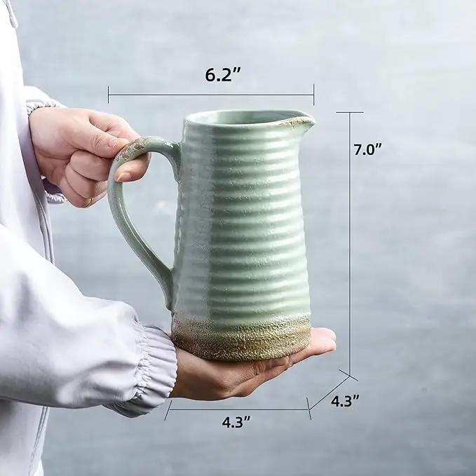 Quoowiit Ceramic Rustic Vase with Handle, Green Distressed Decorative Farmhouse Pitcher Vase for Home Decor Living Room Bedroom Kitchen Office Shelf Decor Centerpiece Table Decoration by GreenHaven Gardens
