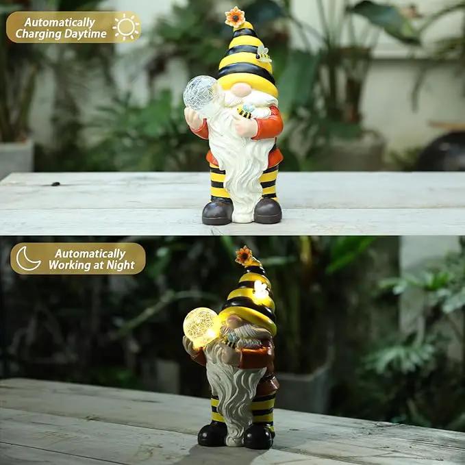 Solar Garden Gnome Statue, Resin Bee Gnome Figurine with Flower and Crackle Glass Globe Lights for Outdoor Decor, Porch Patio Yard Decorations, Garden Gifts for Mom by GreenHaven Gardens