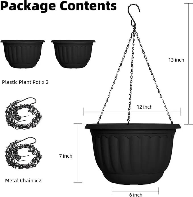 YIKUSH Planters for Outdoor Plants 2 Pack Black Plant Pots with Drainage Hole and Absorbing Tray Hanging Planters for Indoor Plants (12 inch, 3 Hooks) by GreenHaven Gardens