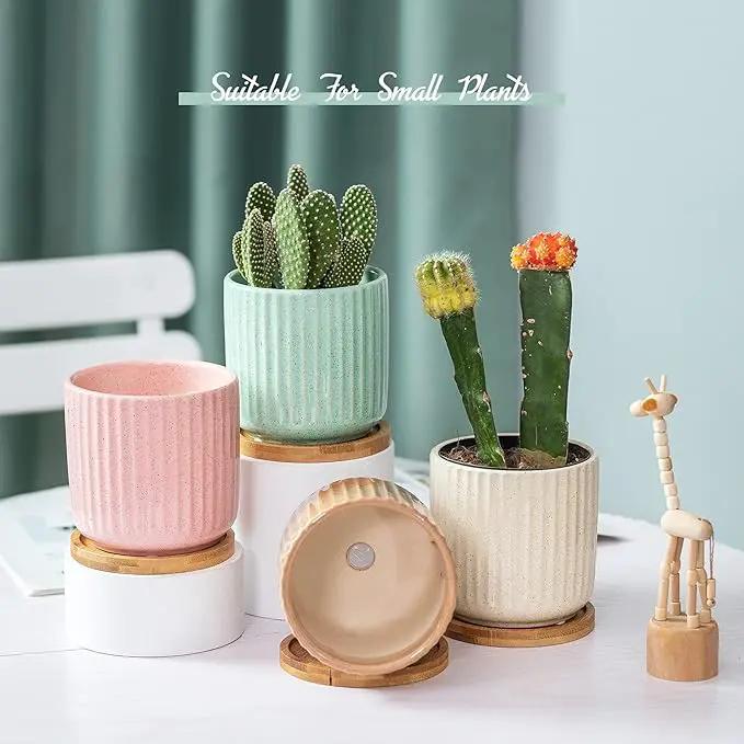 TAMAYKIM 4 Inch Cylinder Ceramic Boho Plant Pots with Drainage Hole and Saucer, Glazed Multicolor Flower Pots for Succulent, Snake Plant, Cactus and Herbs, Set of 4 (Plant Not Included) by GreenHaven Gardens
