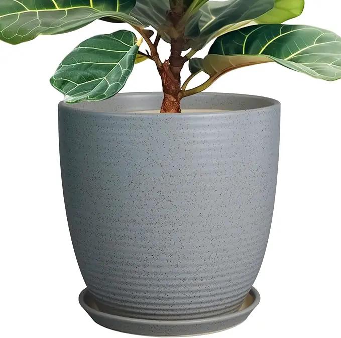 12 Inch Plant Pot, Ceramic Planter Pot with Drainage Hole and Saucer Round Large Flower Pot for Indoor Plants, Light Gray by GreenHaven Gardens