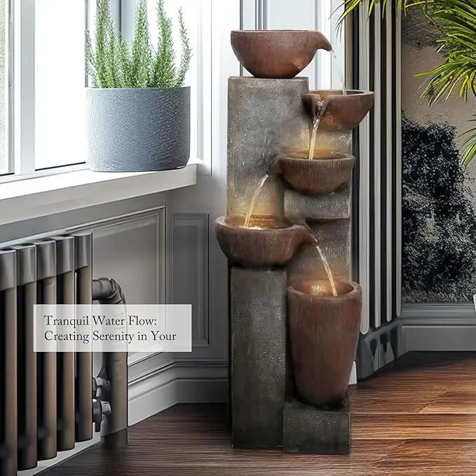 SunJet 5-Tier Cascading Indoor/Outdoor Water Fountain with LED Lights - 39.7" High Large Waterfall Floor Standing Fountain for Garden, Patio, Yard, and Deck Decor - Relaxing Outdoor Water Feature by GreenHaven Gardens