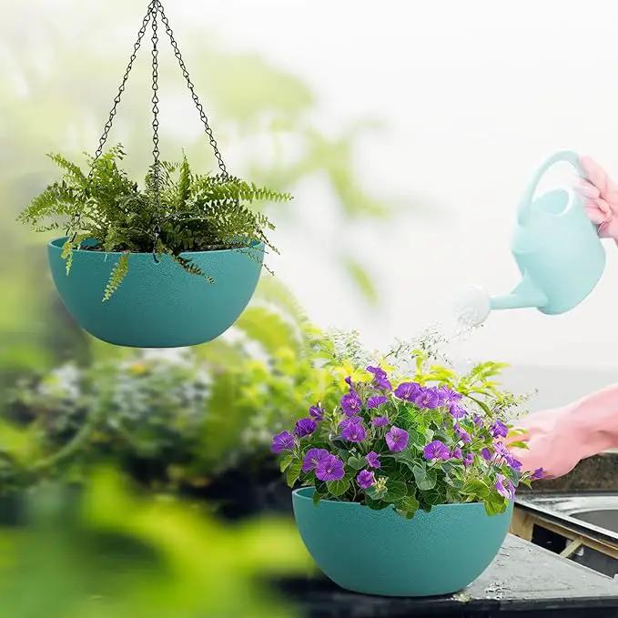 13 inch Large Hanging Planters Plant Pots for Outdoor Indoor Plants with Drainage Holes and Chain, 2 Pack Round Hanging Flower Pots for Garden Home Porch Decor, Blue Green by GreenHaven Gardens