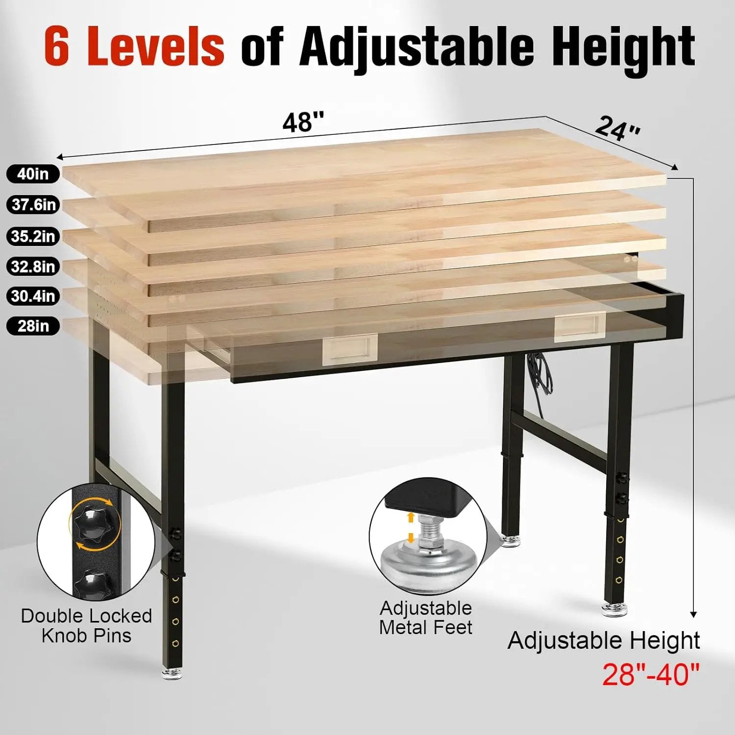 48" Workbench with Drawers, Work Benches for Garage with Strip Light, Adjustable Work Table with Large Pegboard, 2000 LBS Heavy Duty Table with Power Outlet Rubber Wood for Garage, Office by GreenHaven Gardens