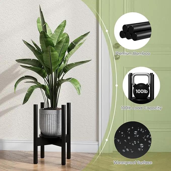 Adjustable Plant Stand, Bamboo Plant Stand Indoor with Tray, Wood Plant Stand for 8 to 12 inches Flower Pots, Single Mid Century Modern Plant Stand for Indoor Plants, Black by GreenHaven Gardens