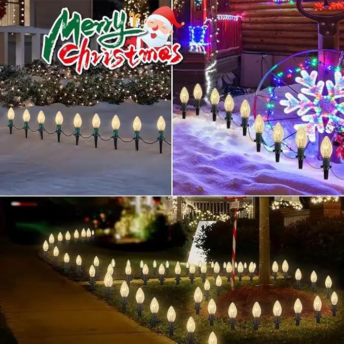 C9 Christmas Pathway Lights, 38FT Clear Christmas Pathway String Lights with 25 Incandescent Bulbs and Stakes for Outdoor Walkway Driveway Backyard Christmas Decorations, Warm White by GreenHaven Gardens