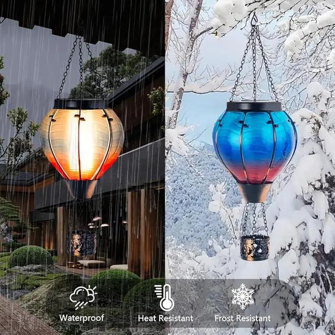 Starsoul 2 PC Blue Hot Air Balloon Solar Lantern Glass Solar Hot Air Balloon Flickering Flame Hanging Garden Light Waterproof Garden Yard Farmhouse Decor by GreenHaven Gardens