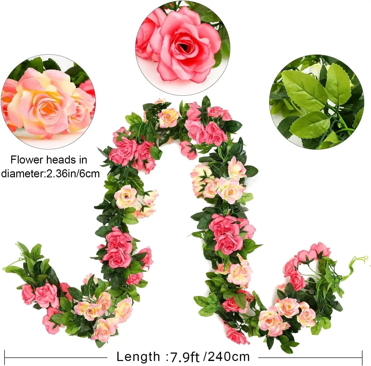 JUSTOYOU Artificial Rose Garland Vines Pink Flowers Hanging Silk Rose Vine for Wedding Home Office Arch Arrangement Decoration 7.6FT(2PCS) by GreenHaven Gardens