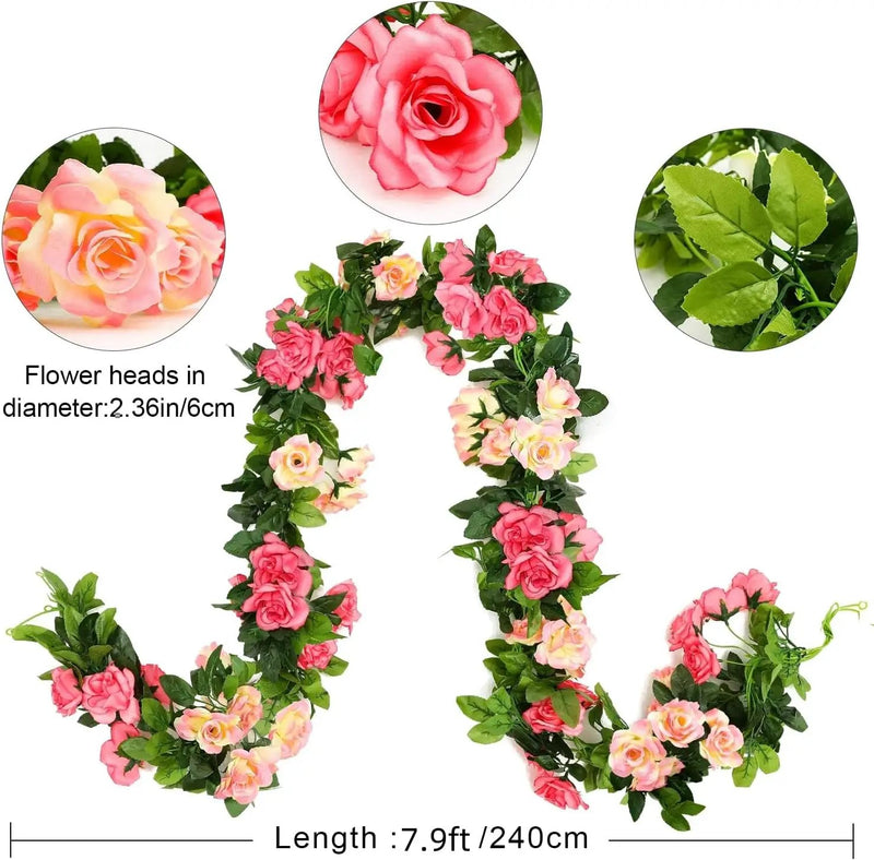 JUSTOYOU Artificial Rose Garland Vines Pink Flowers Hanging Silk Rose Vine for Wedding Home Office Arch Arrangement Decoration 7.6FT(2PCS) by GreenHaven Gardens