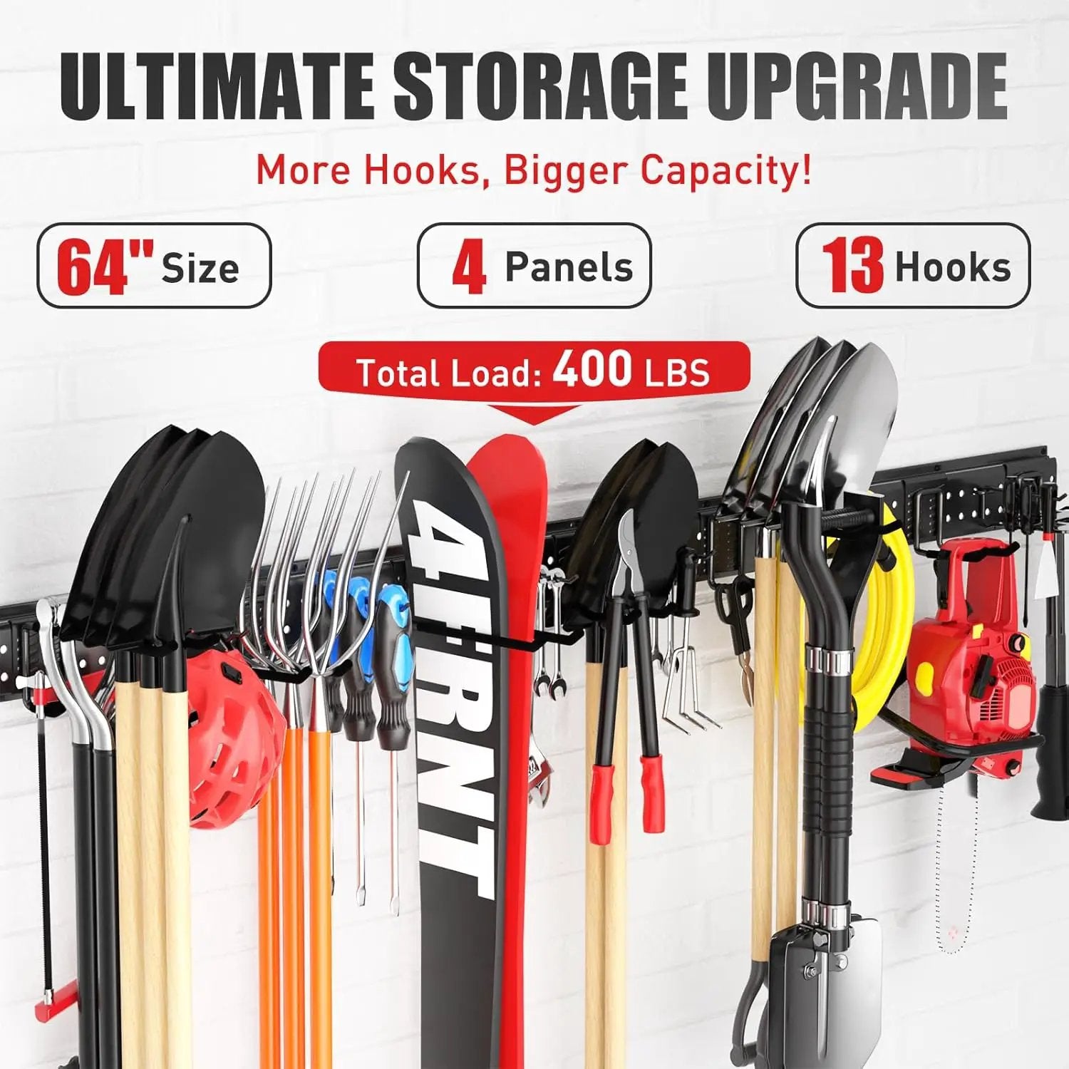 Garage Tool Organizer Wall Mount 64 inches with 13 Adjustable Heavy-Duty Hooks, Garage Organization, Garden Tool Storage Rack, Yard, and Shed, Holds Up to 520 lbs by GreenHaven Gardens