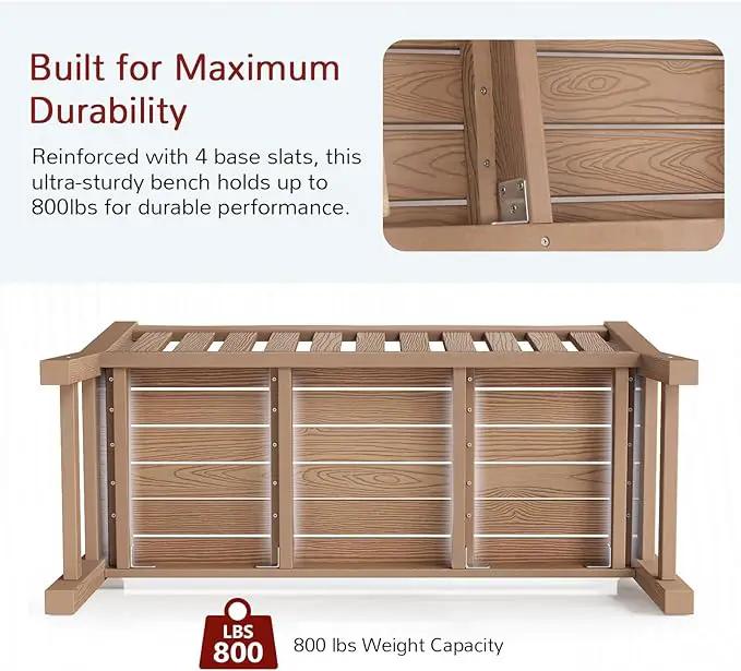 Outdoor Bench, 2-Person Poly Lumber Garden Bench, All-Weather Outside Bench with 800 lbs Weight Capacity, Never Rot or Fade, Looks Like Real Wood, Teak by GreenHaven Gardens