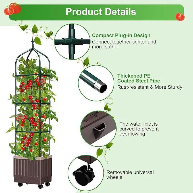 Raised Garden Bed Planter Boxes with Trellis,1pcs 70.9"Self-Watering Tomato Planter Boxes with Trellis for Climbing Vegetables Plants Flowers Tomato with Wheels,Use for Indoor Outdoor (Brown) by GreenHaven Gardens