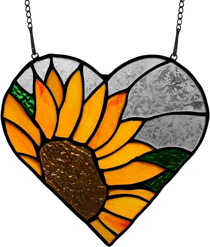 BOXCASA Sunflower Stained Glass Window Hangings,Sunflower Stained Glass Suncatcher,Heart Shape Sunflower Best Teacher Gifts for Women Birthday,Sunflower Decoration for Home Indoor Window by GreenHaven Gardens