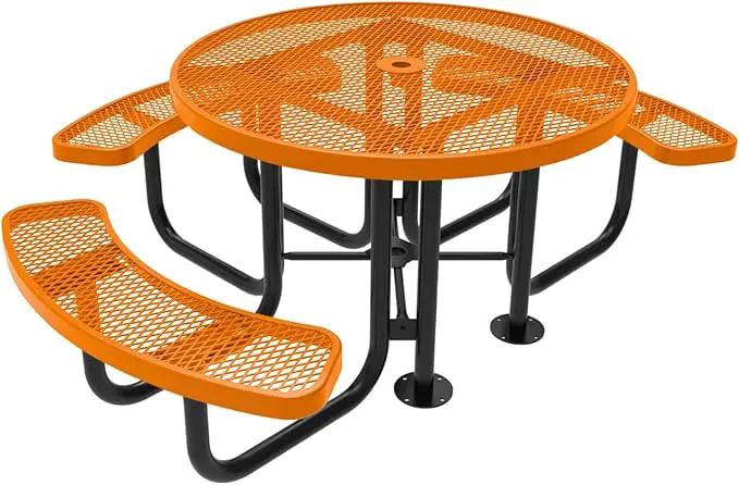 Heavy-Duty Portable ADA-Compliant Outdoor Picnic Table with Umbrella Hole, Expanded Metal Patio Dining Furniture Made in America (46" Round Top, Textured Orange) by GreenHaven Gardens