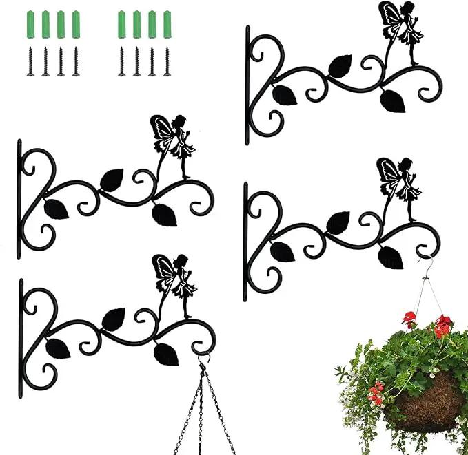 Hanging Plants Bracket 12" Angel Planter Outdoor Hooks Hangers for Flower Baskets Pot Bird Feeder Wind Chimes Lanterns Patio Garden Outdoor Indoor Metal Black, 4 Pack by GreenHaven Gardens