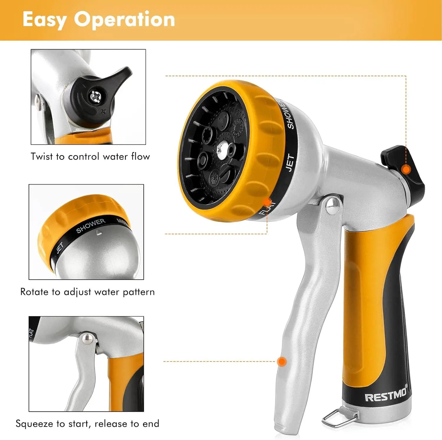 RESTMO Garden Hose Nozzle, Heavy Duty Metal Water Hose Nozzle with 7 Adjustable Spray Patterns, High Pressure Hand Sprayer with Flow Control, Best for Watering Plant & Lawn, Washing Car & Pet, Yellow by GreenHaven Gardens