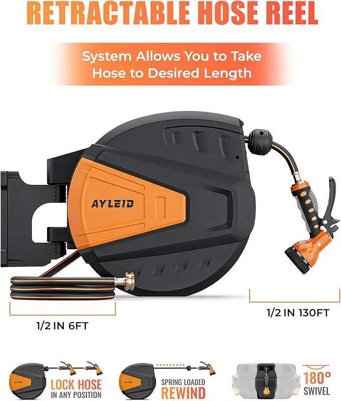 Ayleid Retractable Garden Hose Reel,1/2 in x 130 ft Wall Mounted Hose Reel, with 9- Function Sprayer Nozzle, Any Length Lock/Slow Return System/Wall Mounted/180°Swivel Bracket (Black) by GreenHaven Gardens