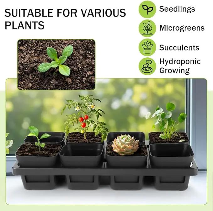 8 Cell Nursery Pots Trays 6 Pack (12" x 6"), 3 inch Square Plastic Nursery Pots 48 Pcs, Durable Carrying Seed Starter Tray, Planting Trays for Holding Small Seedling Pots with Drain Holes (Black) by GreenHaven Gardens