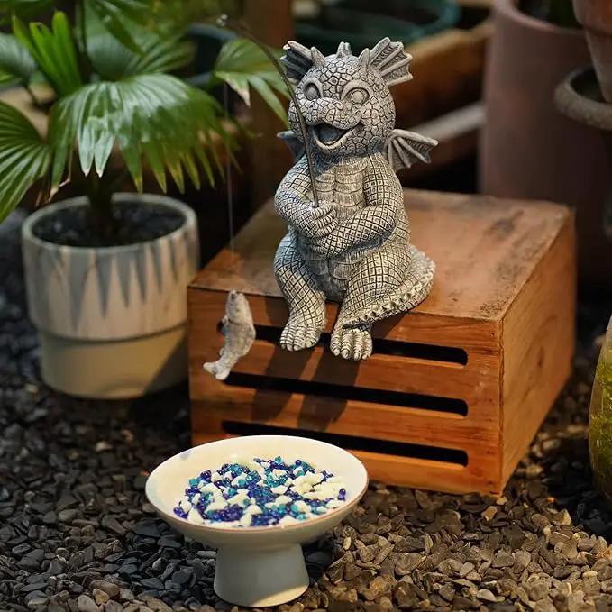Goodeco Dragon Statue Garden Decor - Adorable Baby Fishing Dragon Figurines Outdoor Statues for Koi Pond/Fairy Garden Accessories,Gardening Gifts for Women 5.1 * 8.5 in by GreenHaven Gardens