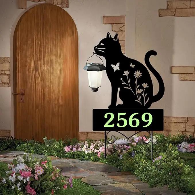Address Signs for Houses,YY Gardenia Solar Lantern Garden Stake with Glow in the Dark House Numbers-Waterproof Outdoor Yard Sign with Solar Power-Elegant Garden Decor (Cat Black) by GreenHaven Gardens