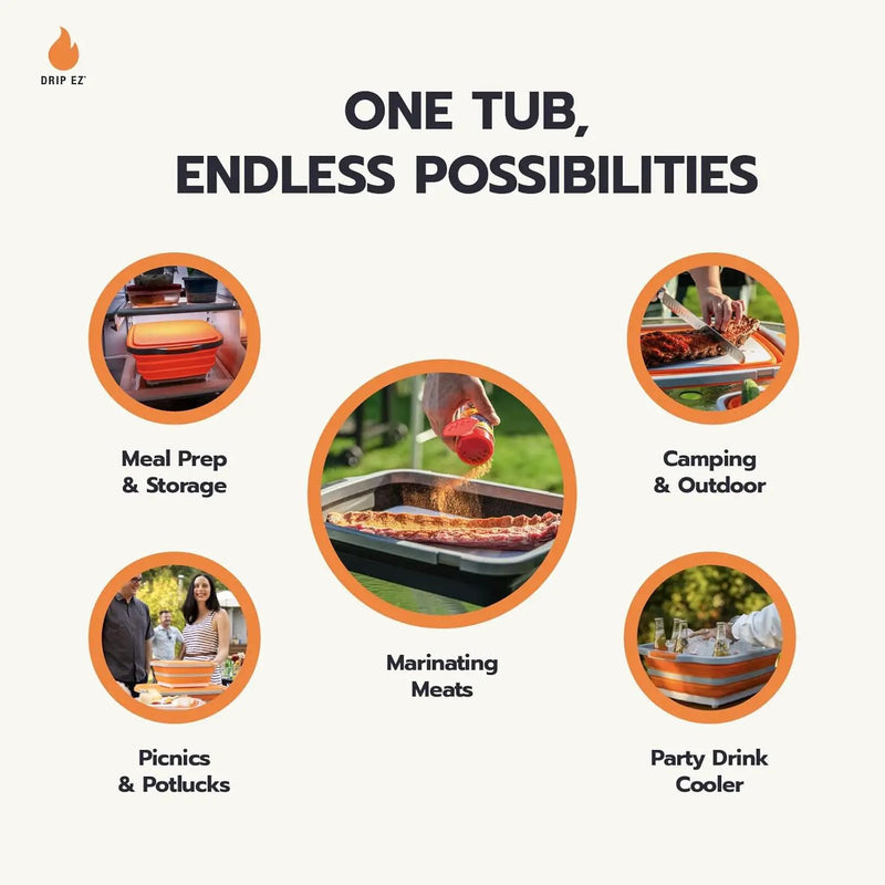 Drip EZ Collapsible BBQ Prep Tubs 3-Piece Set- For Meal Prep Marinating Food Storage - Includes Cutting Board & Lid - (1) JR - Black + (1) OG - Orange + (1) XL - Black by GreenHaven Gardens