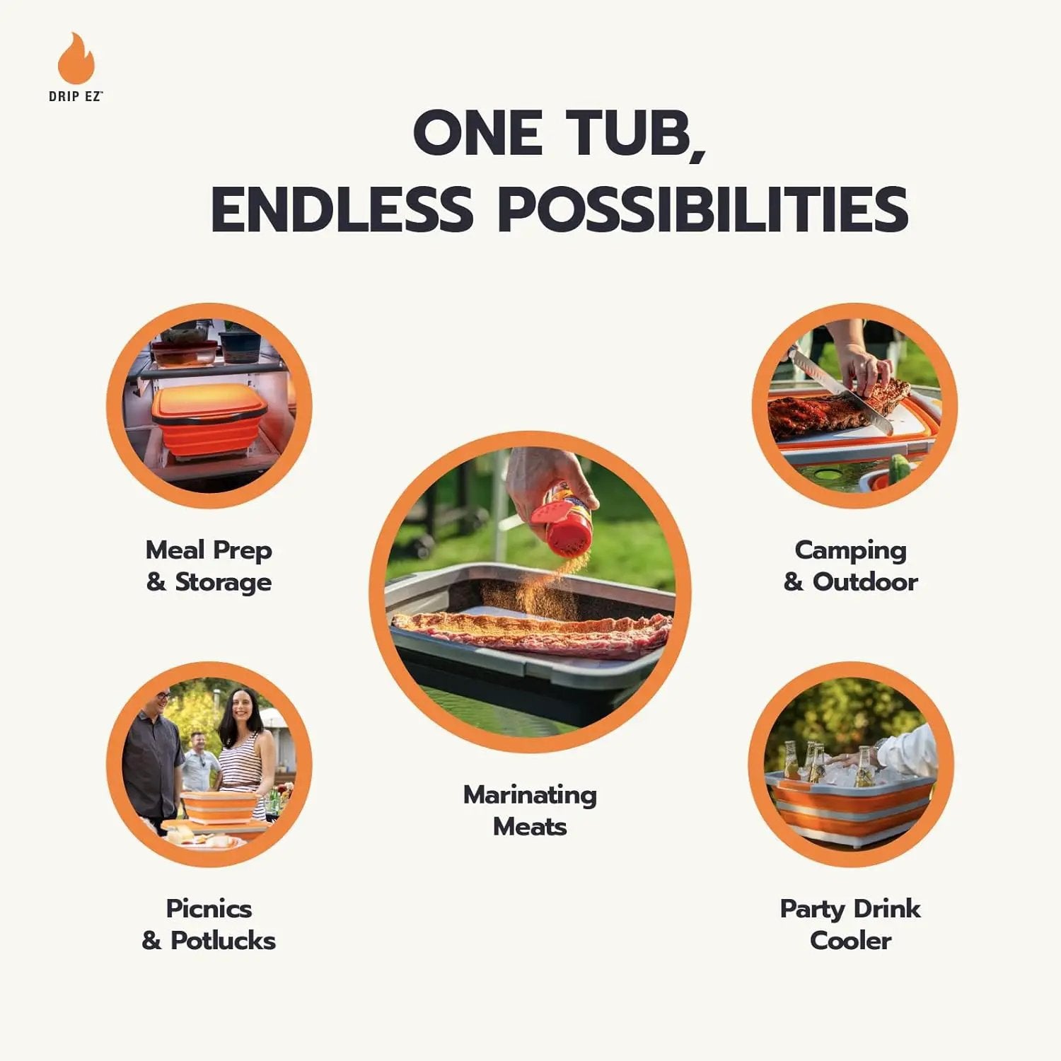 Drip EZ Collapsible BBQ Prep Tubs 3-Piece Set- For Meal Prep Marinating Food Storage - Includes Cutting Board & Lid - (1) JR + (1) OG + (1) XL - Orange by GreenHaven Gardens