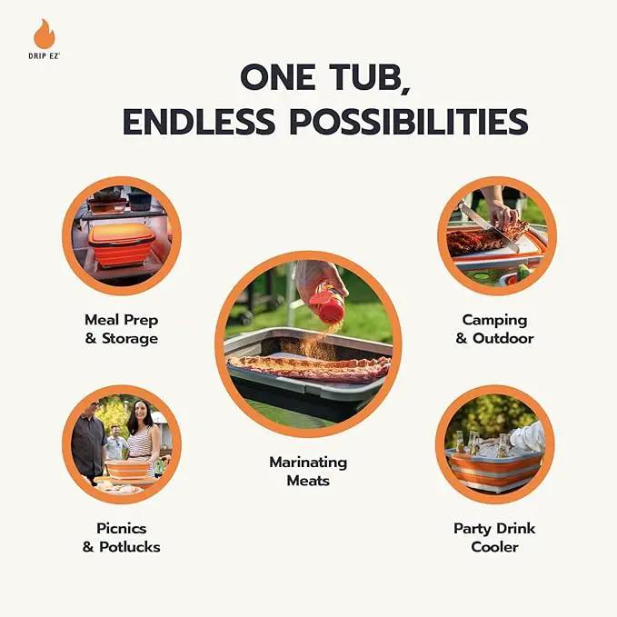 Drip EZ Collapsible BBQ Prep Tubs 3-Piece Set- For Meal Prep Marinating Food Storage - Includes Cutting Board & Lid - (1) JR - Orange + (1) OG - Orange + (1) XL - Black by GreenHaven Gardens