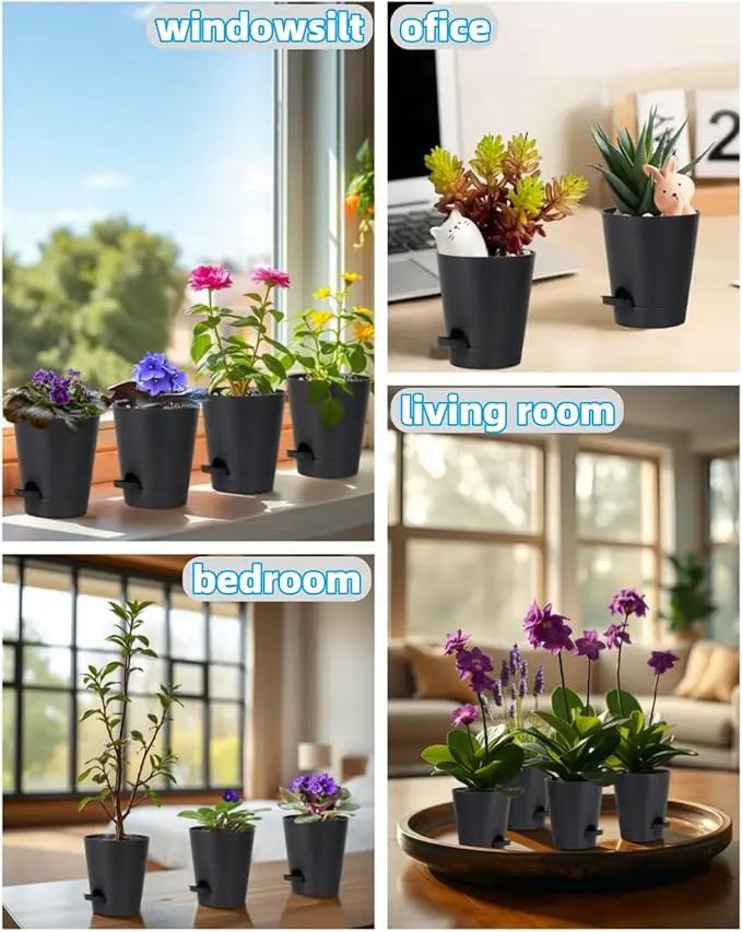 12 Pack 4 Inch Self Watering Plant Pots with Drainage and Saucers，Plastic Flower Pots for Indoor and Outdoor Plants, Nursery Planters for Houseplants and Herbs Black, 4 inch 12pcs by GreenHaven Gardens