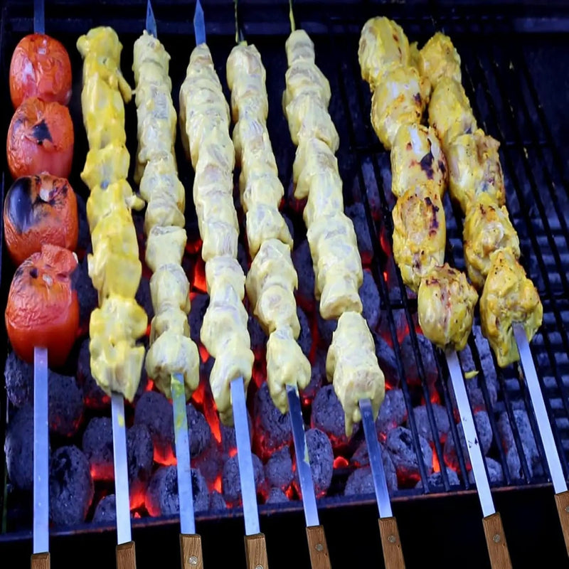 12 Pack Kebab Skewers 22 Inch Stainless Steel Grilling BBQ Skewer Reusable Barbecue Skewers Flat Stick with Wood Handle,Ideal for Koubideh Brazilian Chicken Shrimp Turkish Shish Kabob by GreenHaven Gardens