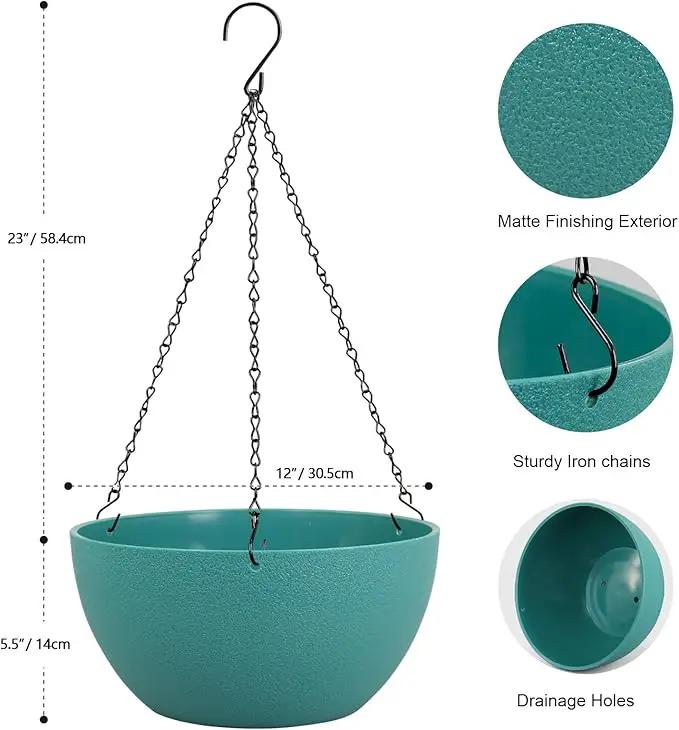 12 inch Large Hanging Planters for Indoor Outdoor Plants, 2 Pack Hanging Flower Plant Pots with Drainage Holes and Chain for Garden Porch, Plastic Hanging Baskets for House Plants, Blue Green by GreenHaven Gardens