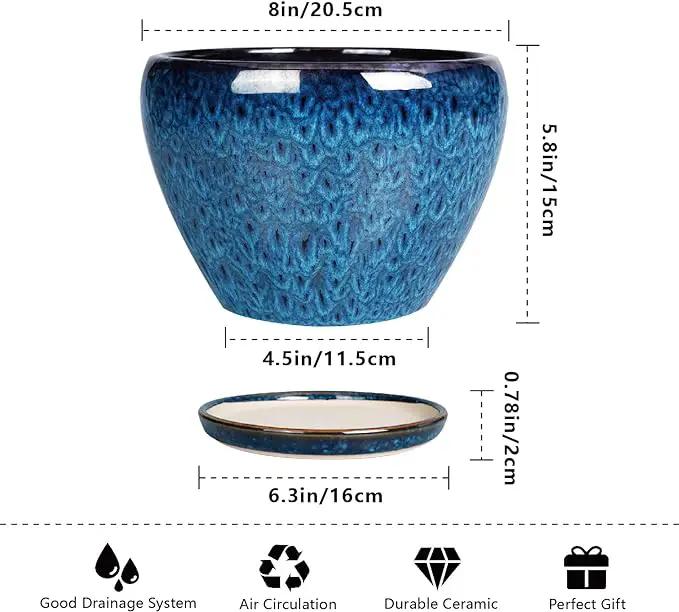 8 Inch Ceramic Plant Pot, Ceramic Planter Pot for Indoor Outdoor Plants, Round Flower Pot with Drainage Hole and Saucer, Blue by GreenHaven Gardens