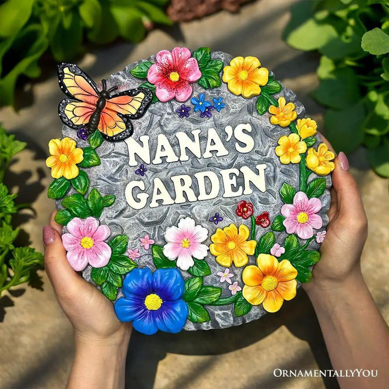 Elegant Resin Stepping Stone, Outdoor Garden Pathway Decoration (Nana’s Garden Floral Stepping Stone, 9.5" Decorative and Gift for Grandmother) by GreenHaven Gardens