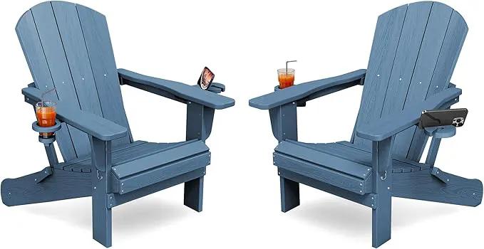 KINGYES Folding Adirondack Chair Set of 2, Dual Cup Holders & All-Weather HDPE, Wood-Like Patio Chair for Backyard, Camping, Pool & Fire Pit, Navy by GreenHaven Gardens