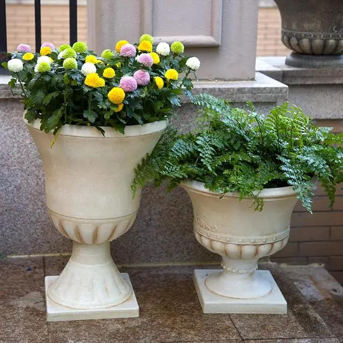 Worth Garden Plastic Urn Planters for Outdoor Plants, Tree 22'' Tall 2 Pack Round Classic Resin Flower Pots Indoor Beige Traditional Front Porch 15 in Dia. Large Imitation Stone Decorative Patio Deck by GreenHaven Gardens