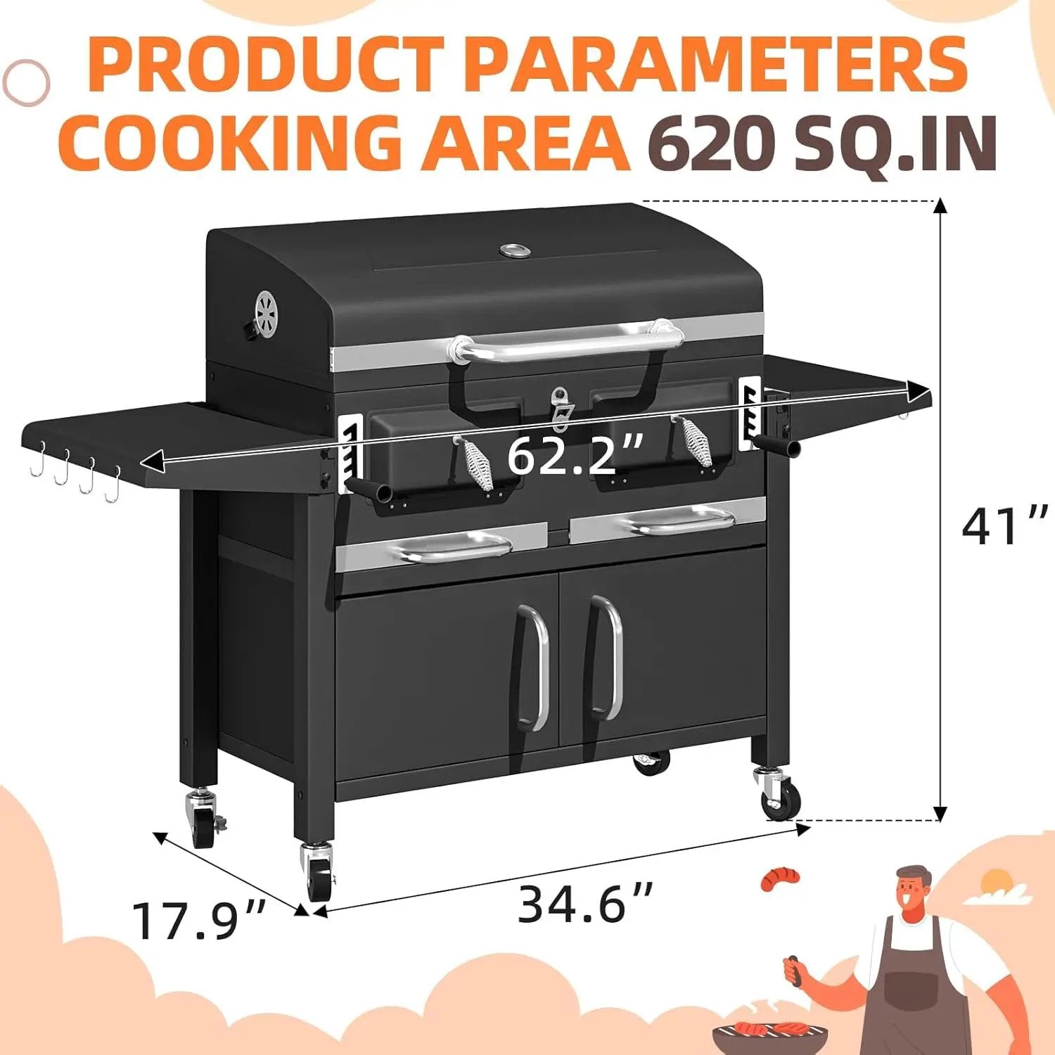 MELLCOM 36 In Extra Large Charcoal Grill - 620 Sq.In Oversized BBQ Area with Storage Cabinet & Individual Lifting Charcoal Trays, Thermometer and Foldable Side Tables for Outdoor by GreenHaven Gardens