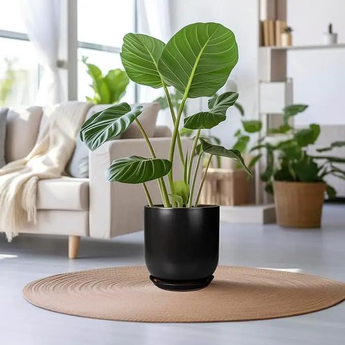 Ceramic Planter Pot - 12 Inch Large Plant Pot with Drainage Hole and Saucer Modern Flower Pot for Indoor Outdoor Plants Home Garden Decor Black by GreenHaven Gardens